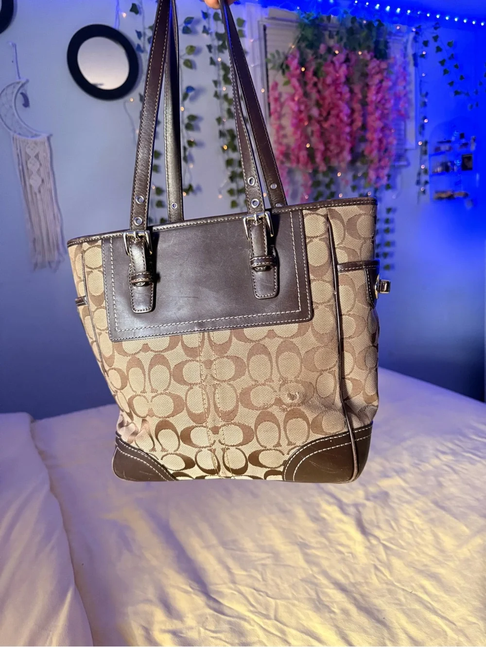 Coach Brown Signature Canvas Tote with Dark Brown Leather Trim